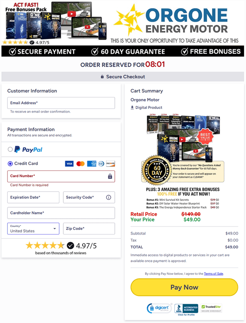 Orgone Energy Motor checkout page 